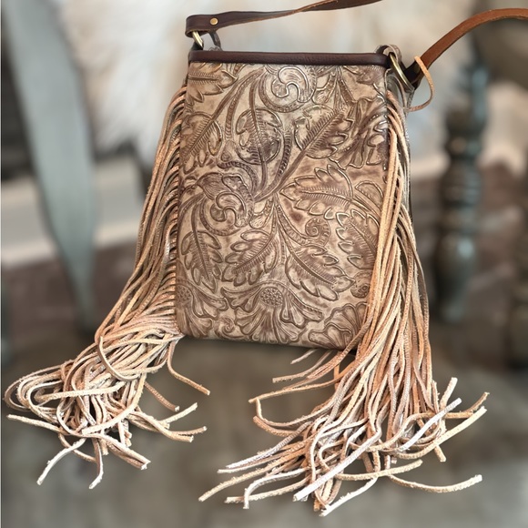 Champagne Tooled Leather Purse with Playful 12" Fringe - Handmade in USA - Picture 2 of 16